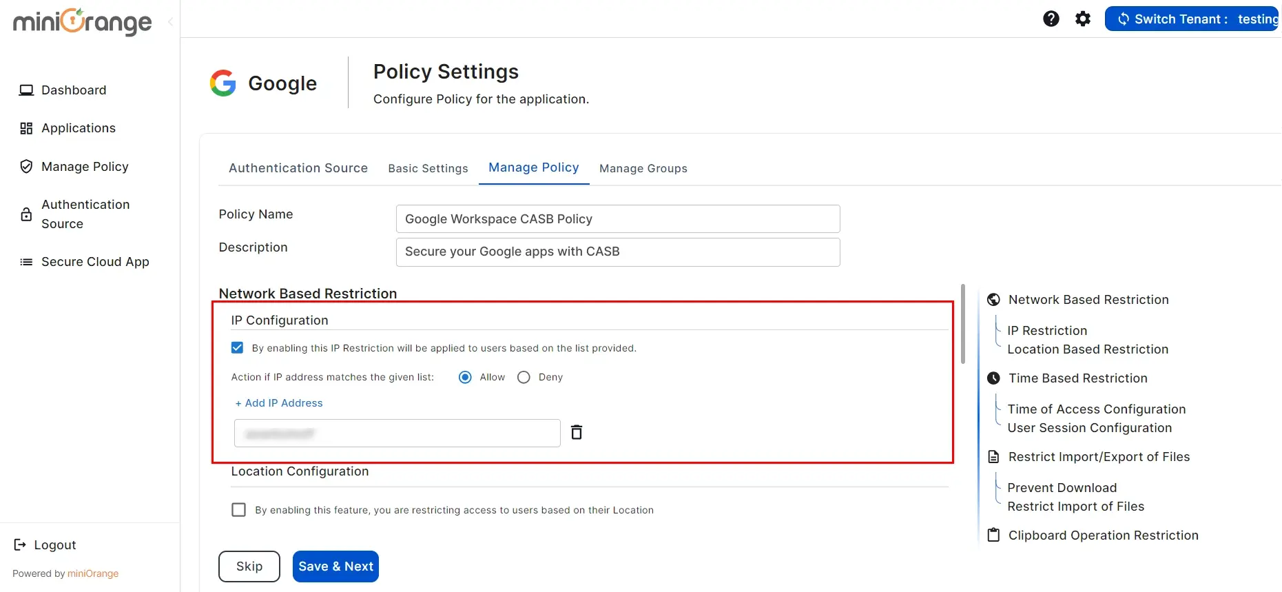 setup Google CASB- Add IP address