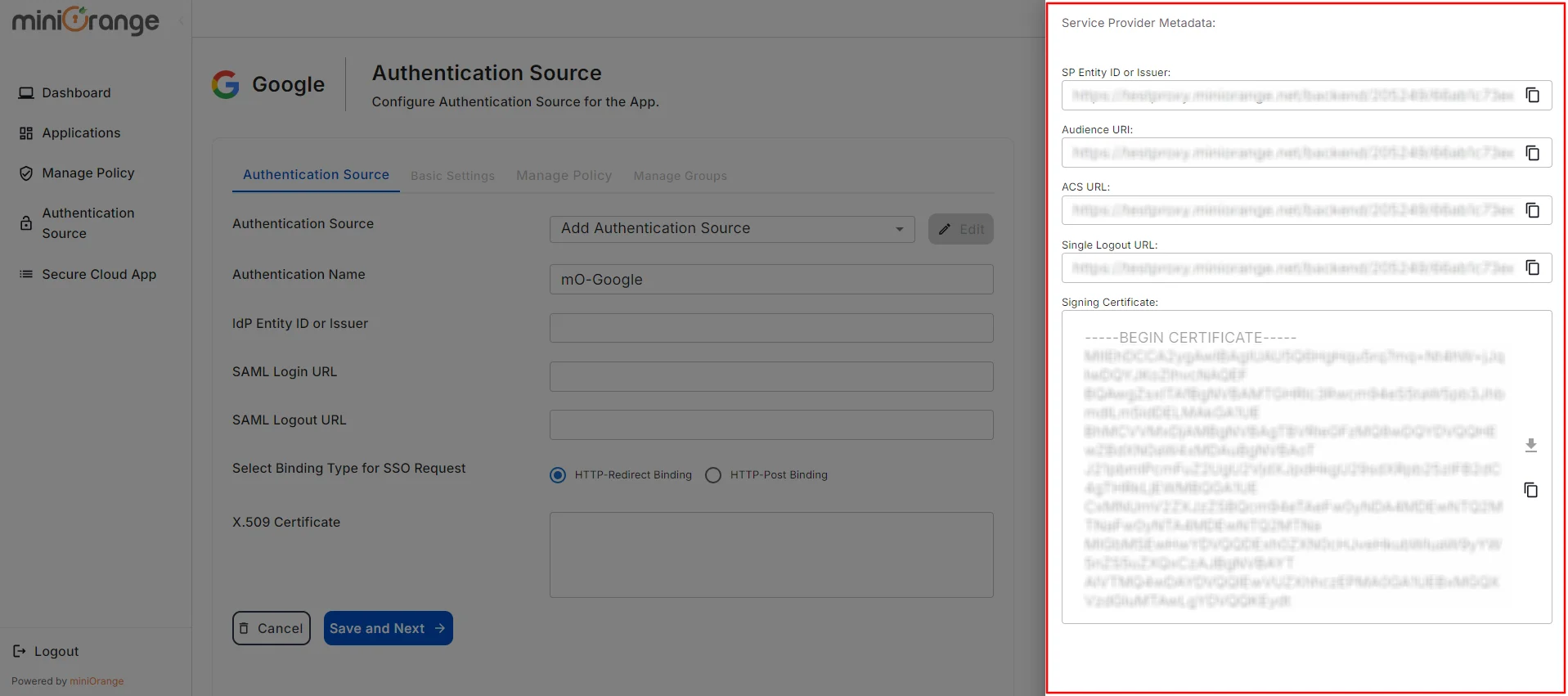 Google CASB Access Restriction Generate Metadata SAML Flow