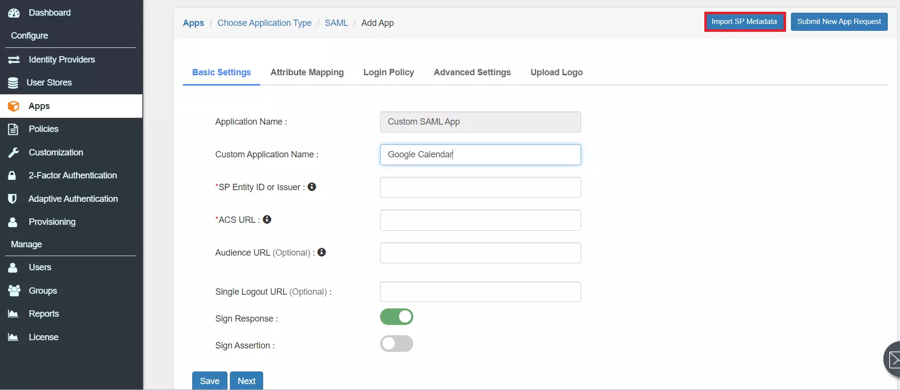 Configure Google Calendar Single Sign-On (SSO) configure app