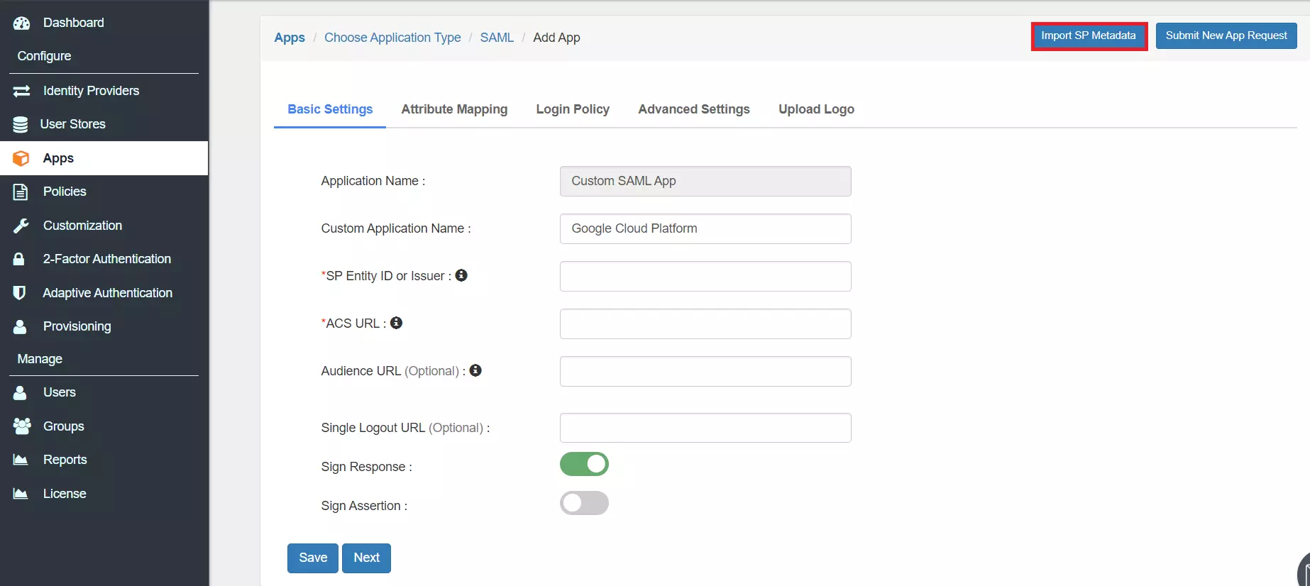 Configure Google Cloud Platform Single Sign-On (SSO) configure app