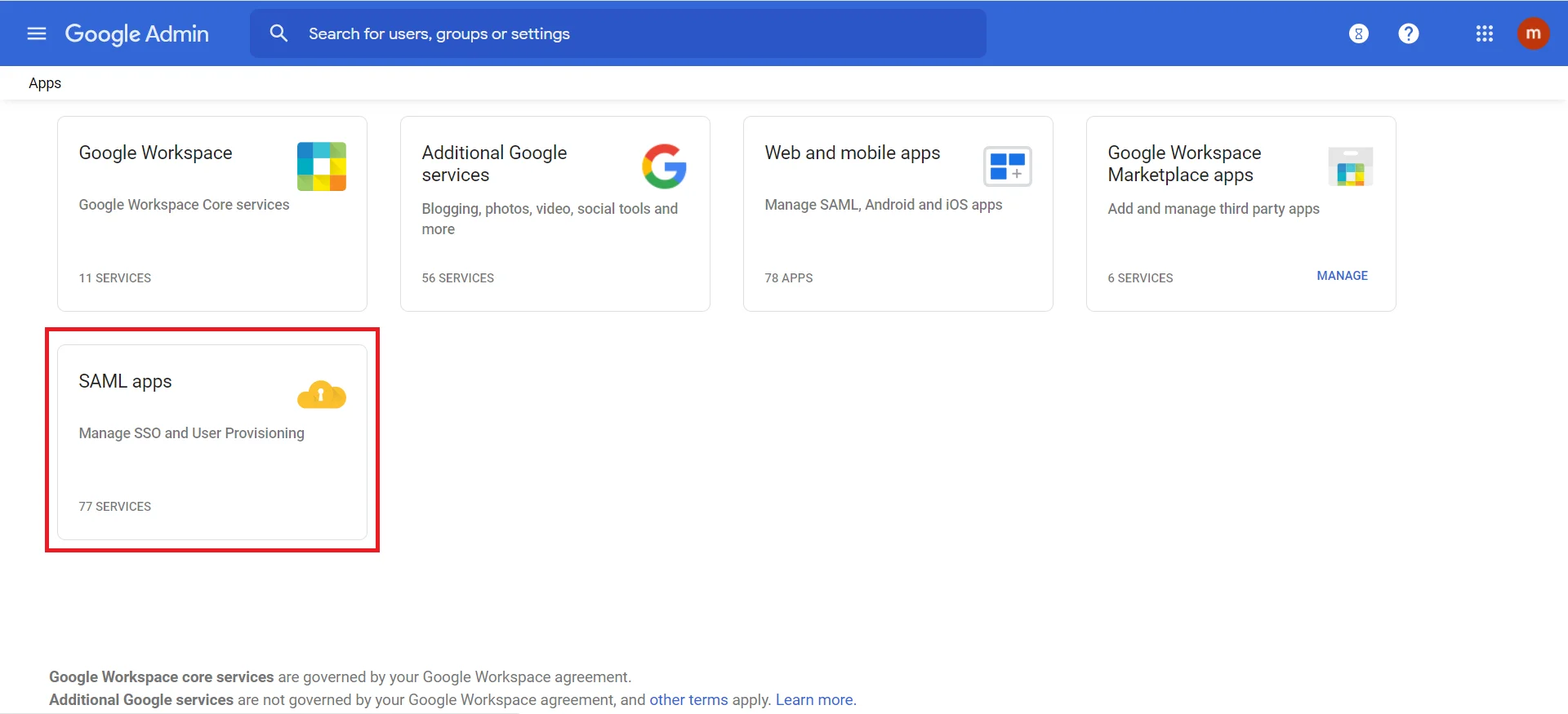 Google Workspace directory integration select saml apps