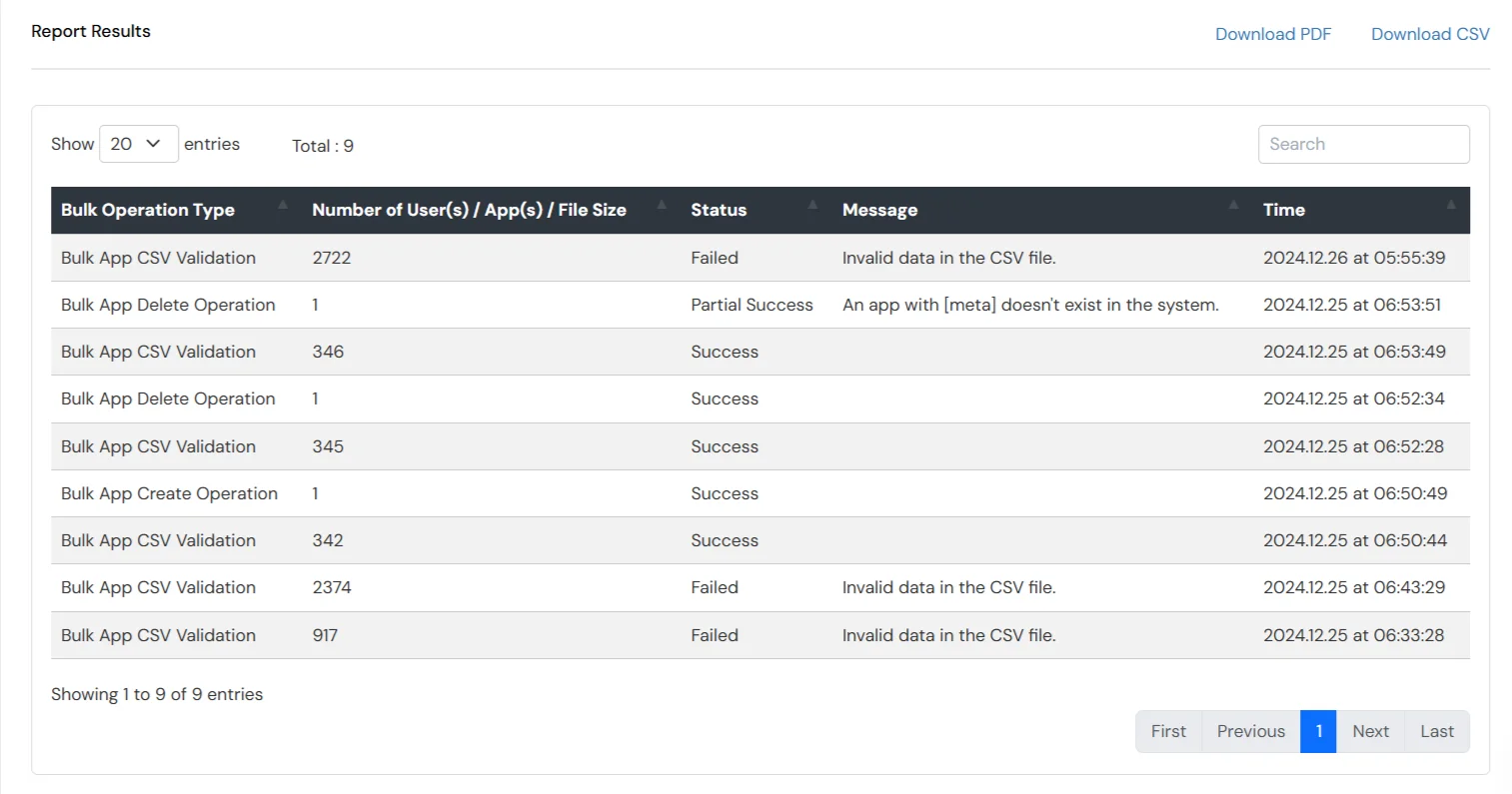 miniOrange Identity Platform Admin Handbook: Showing Bulk Opertation Registration report