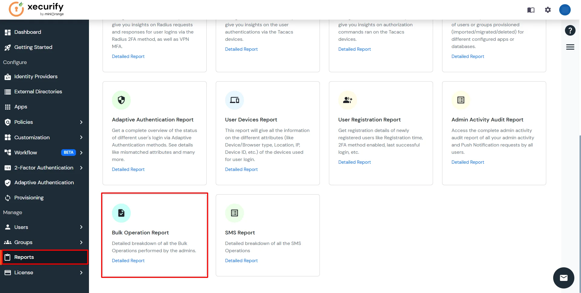 miniOrange Identity Platform Admin Handbook: Go to Reports, and scroll to BUlk Operation Report