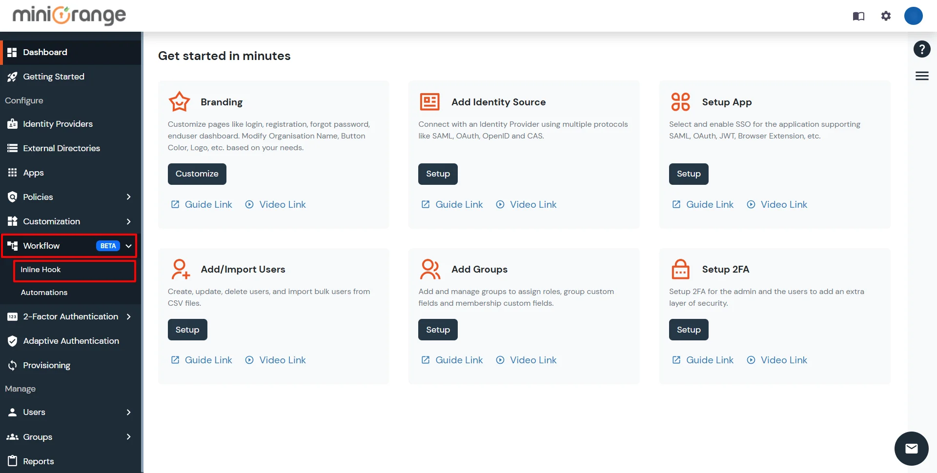 miniOrange Identity Platform Admin Handbook: Go to Workflow and select Inline Hook