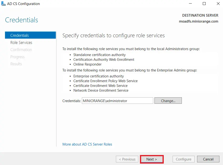 LDAPS on Windows Server AD CS Configuration wizard