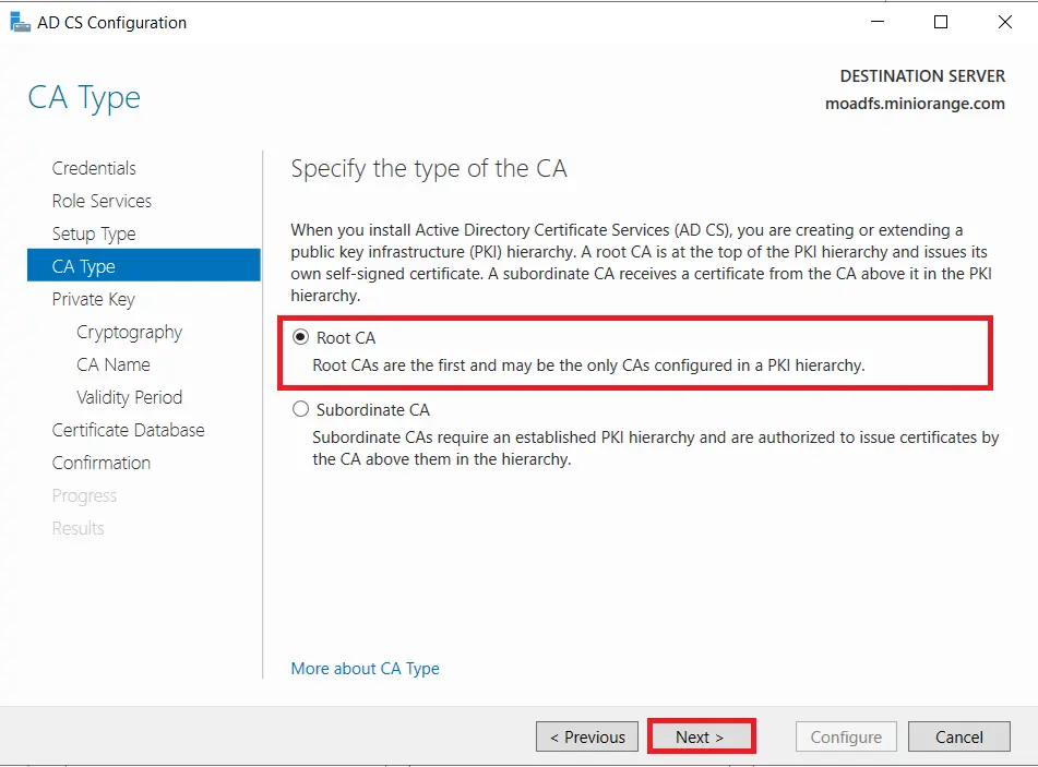 LDAPS on Windows Server select root ca