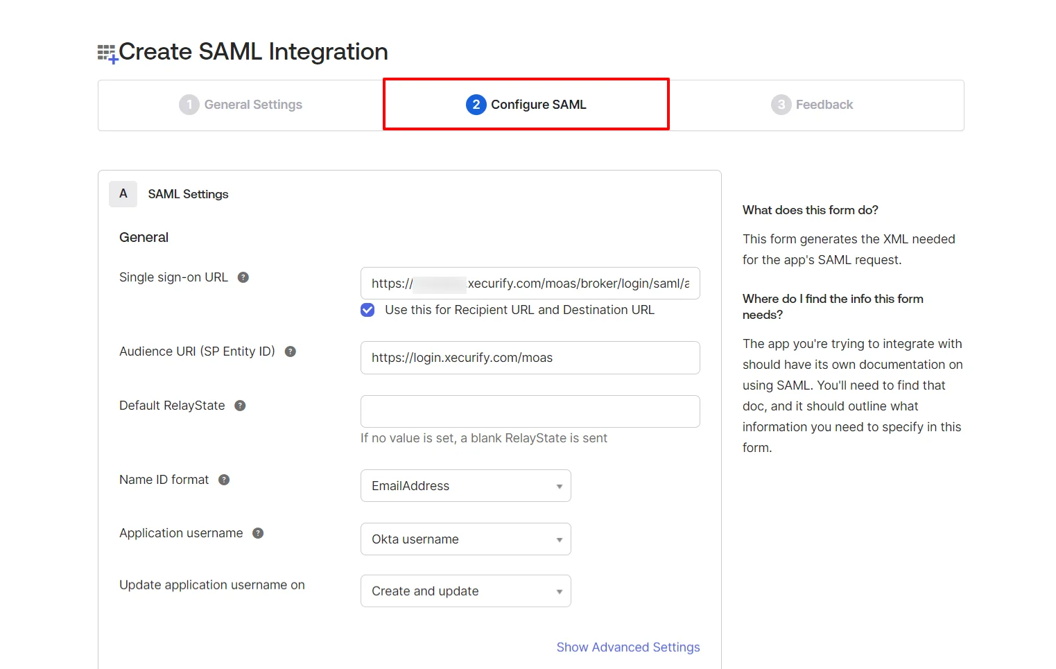 Configure Okta as SAML IDP : Enter ACS URL and Entity ID or Issuer