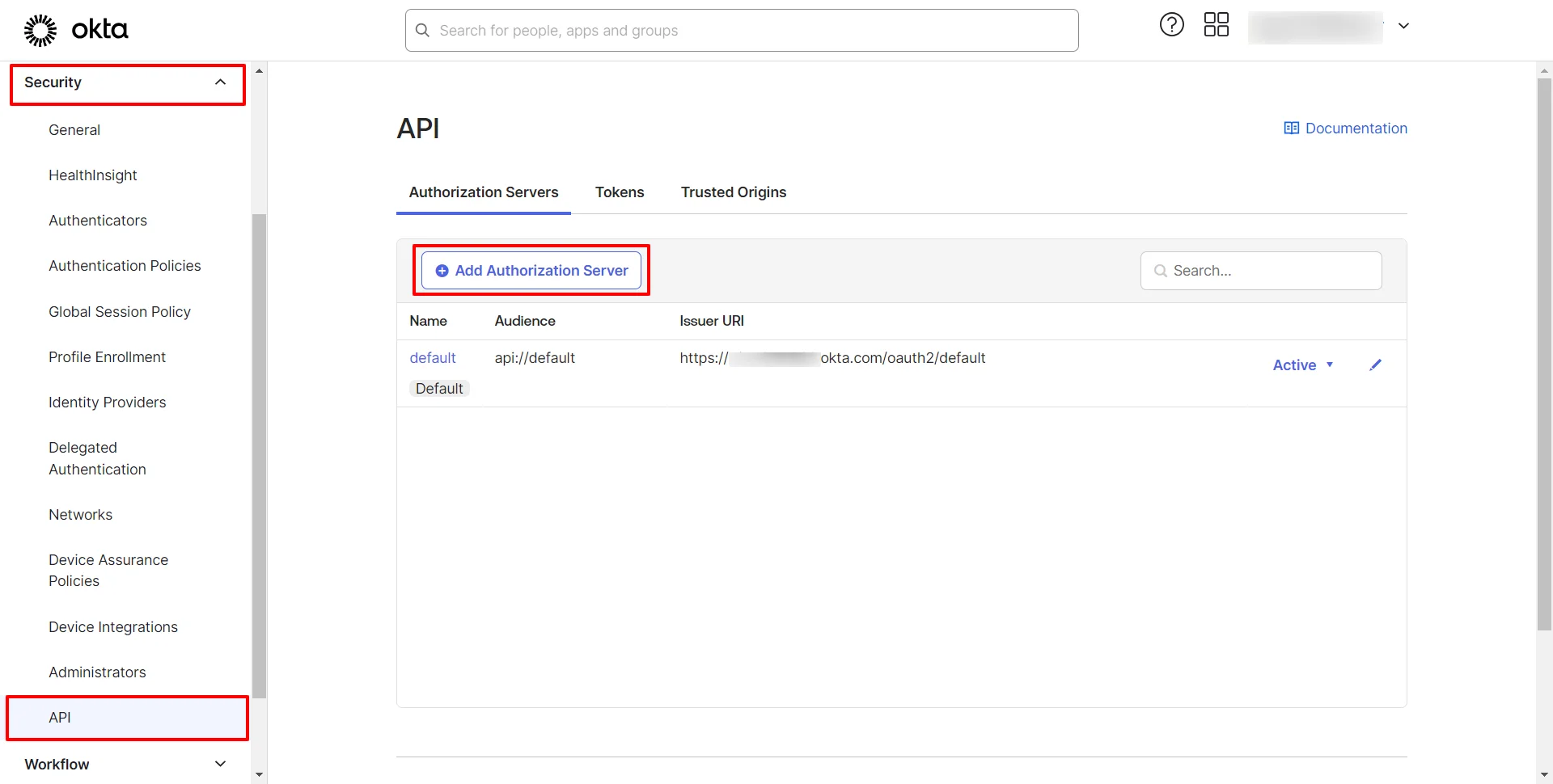 Configure Okta as SAML IDP : Go to Security and click API to add Authorization Server