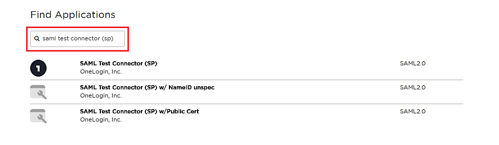 OneLogin as SAML IDP: Search SAML Test Connector