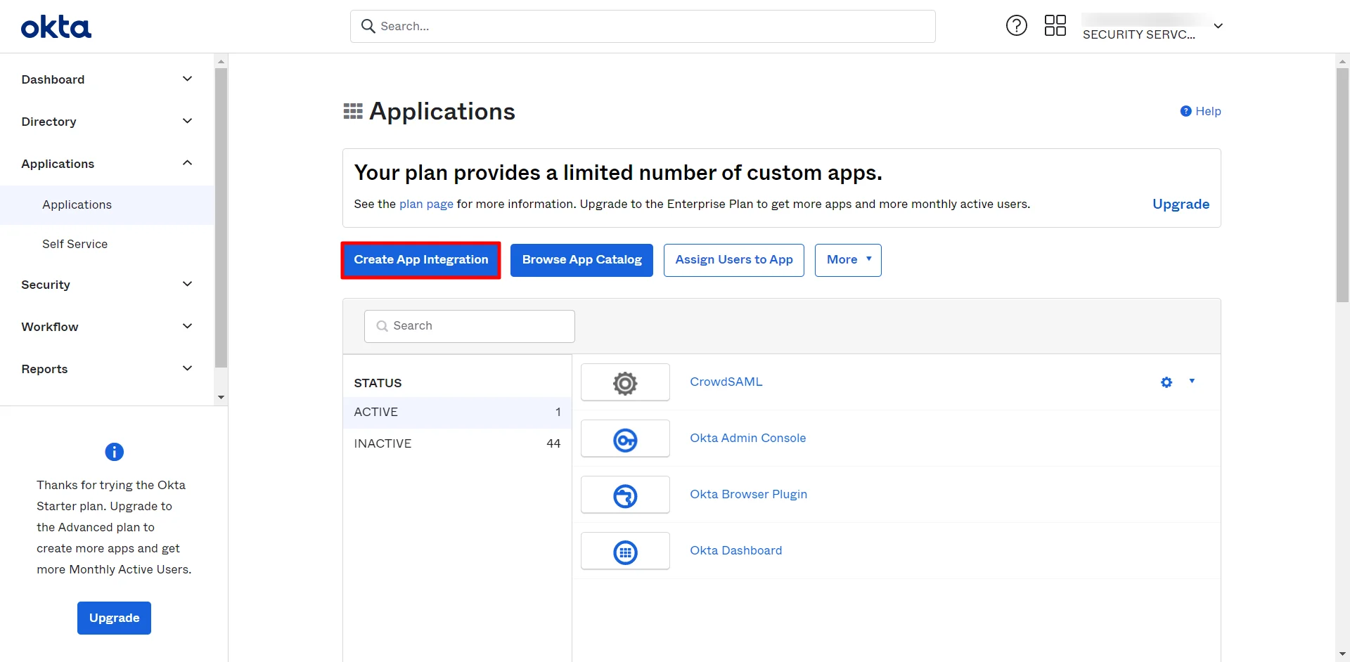 Click on App Integration button for Oracle EBS Okta SSO