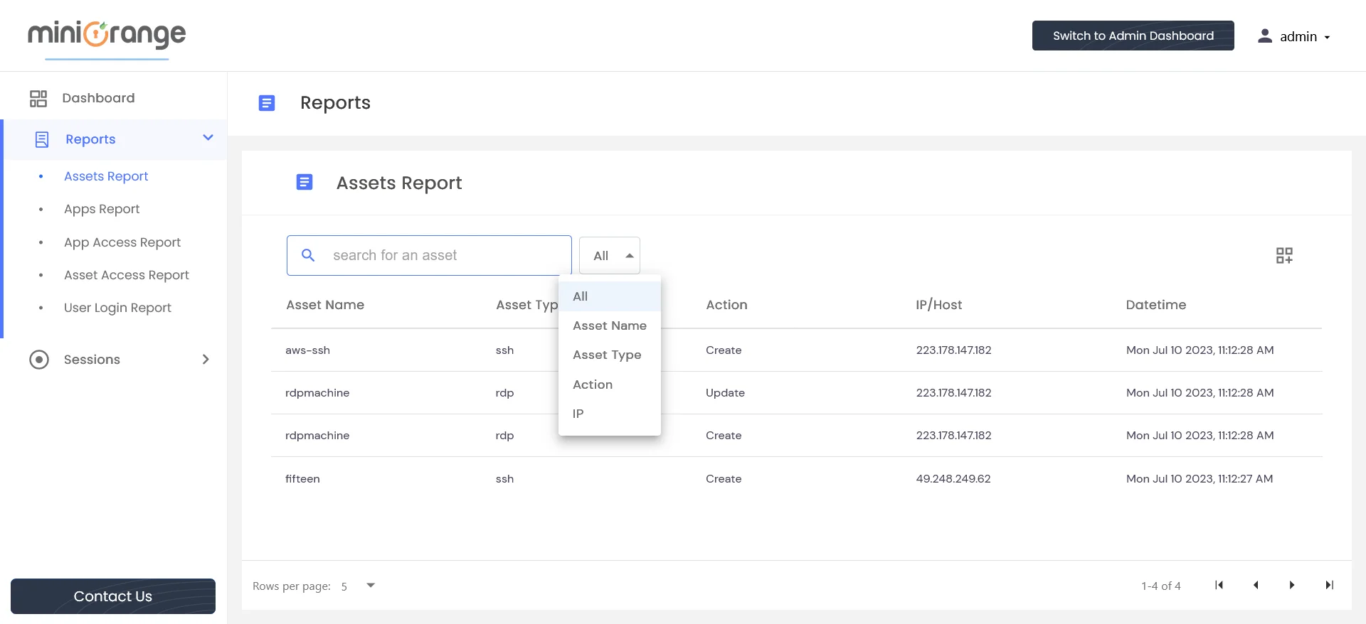 PAM Handbook - Assets Report: The Asset Report table shows numerous asset-related activities