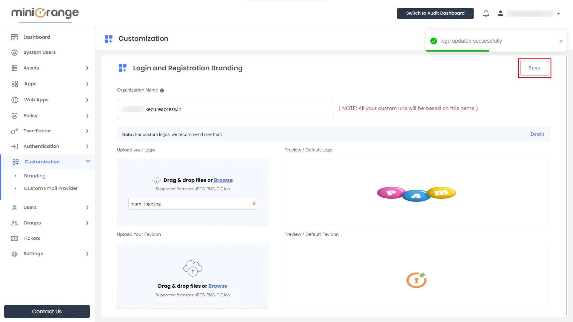 Privileged Access Management Admin Handbook: When click on Save button to changed the logo or favicon