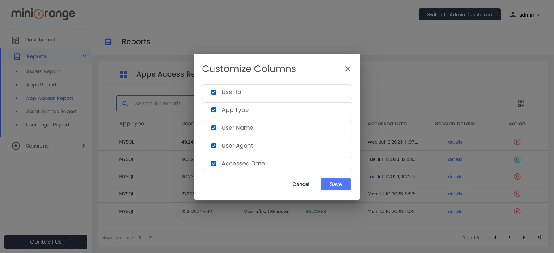 App Access Report: Locate the icon from the right side that allows users to add or removes the columns according your choice