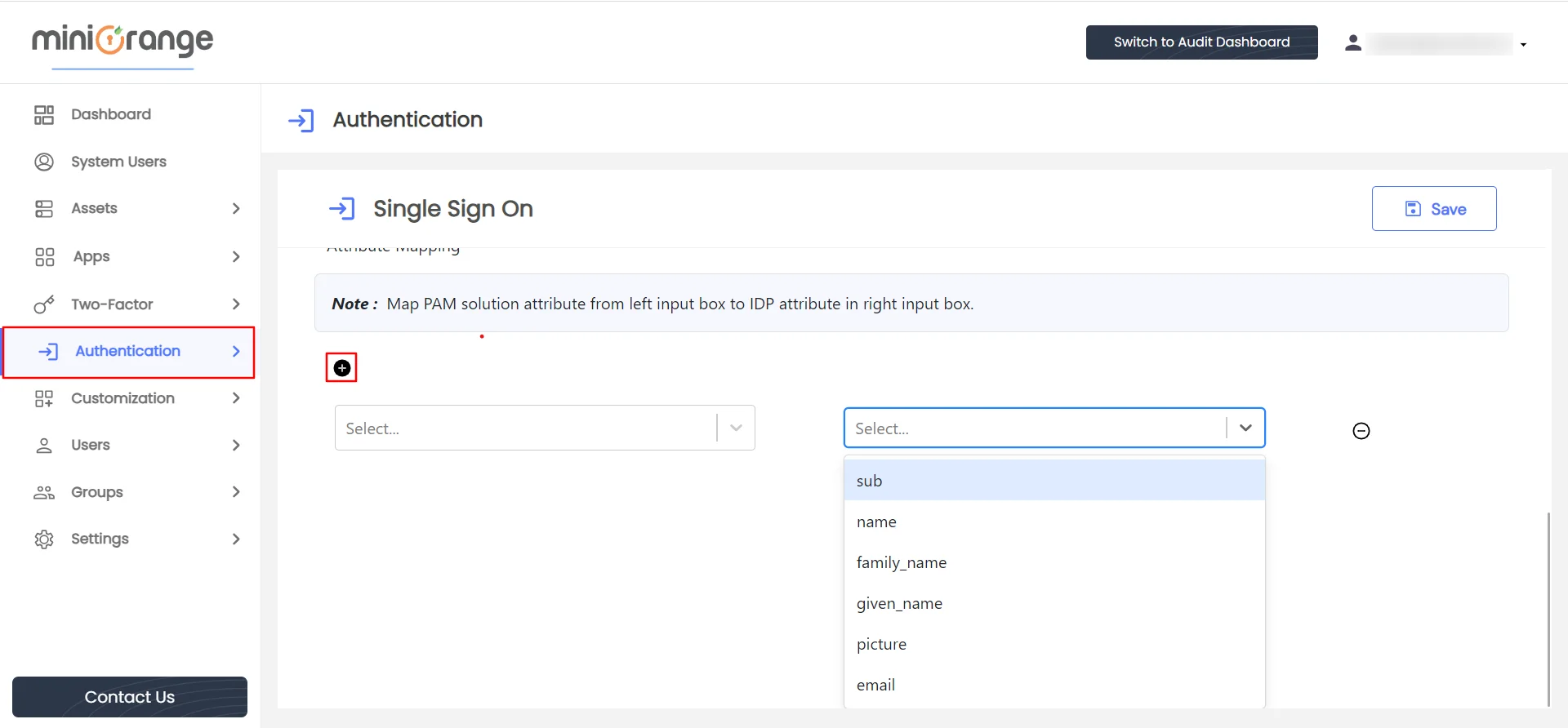 PAM Handbook: Navigate to Authentication - Single Sign-On and Click on plus icon