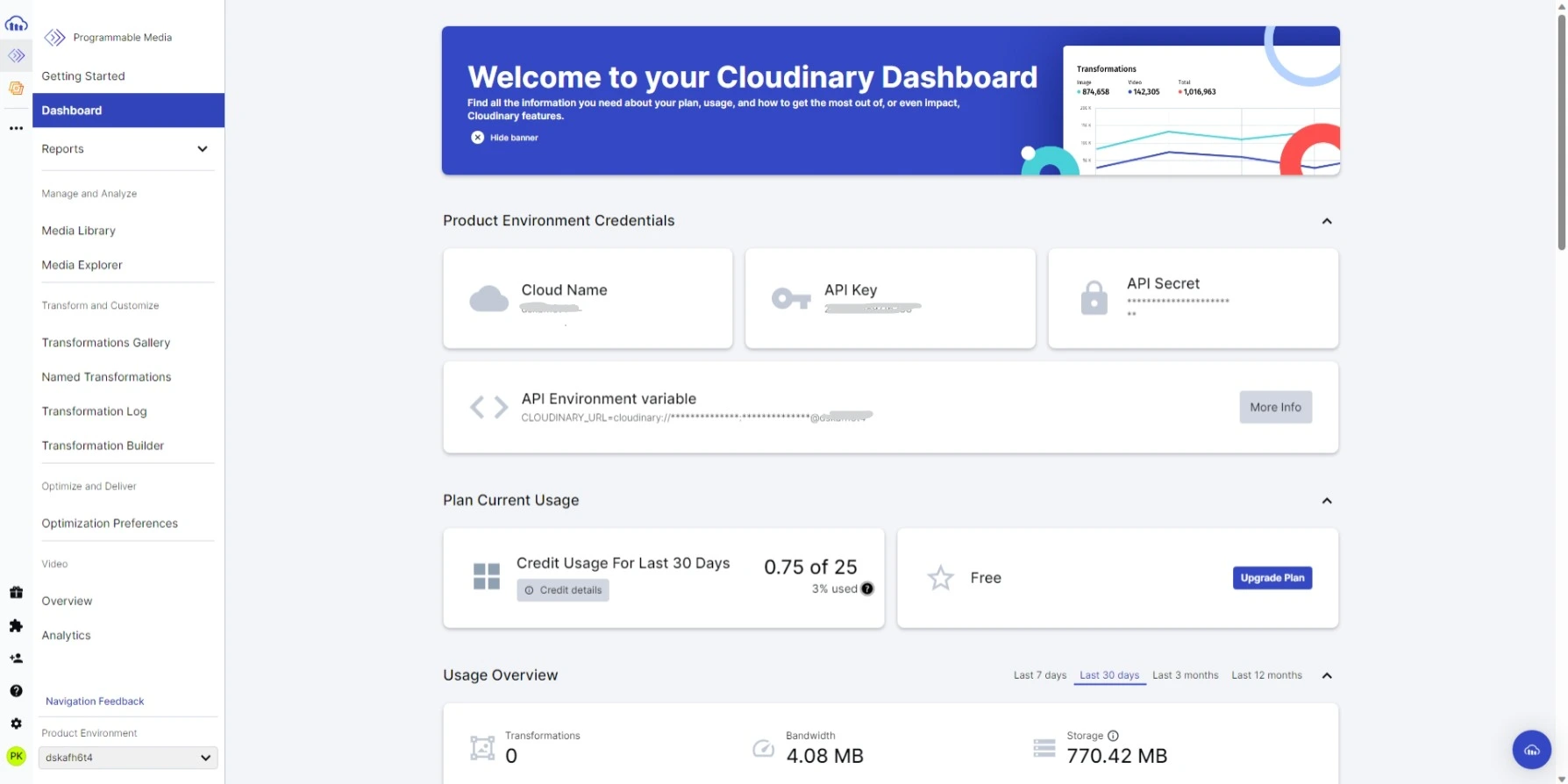 Privileged Access Management Admin Handbook: Go to Cloudinary website and open Dashboard panel