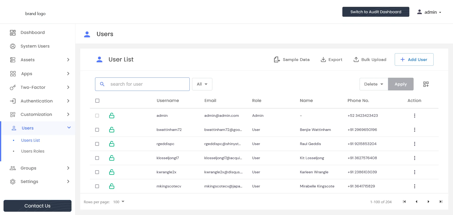 PAM Admin Handbook - Bulk Users Go to Users -> Users List -> Sample File