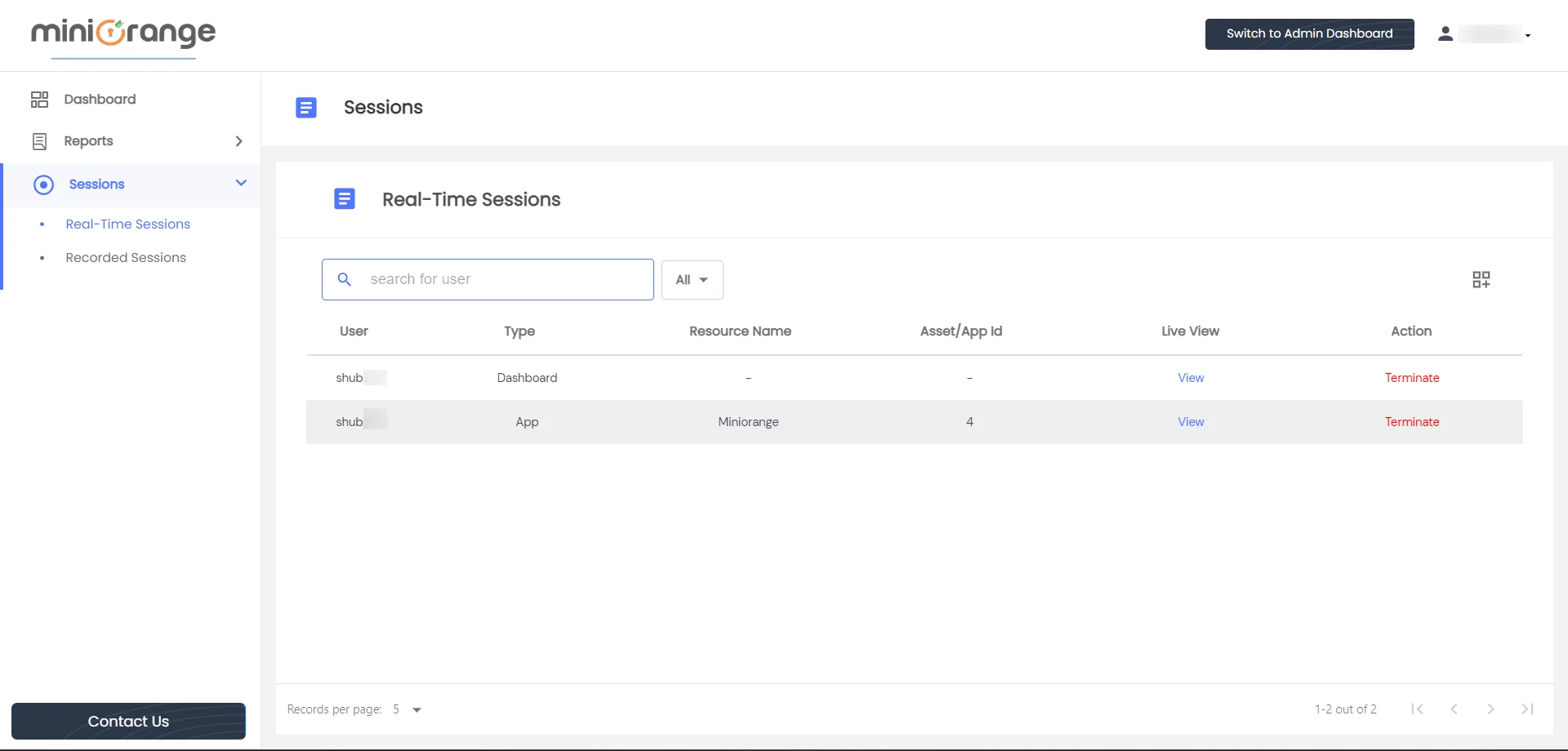 Privileged Access Management Admin Handbook: Real-Time Sessions, the table will give a breakdown of all the tabs that are currently active for the dashboard.