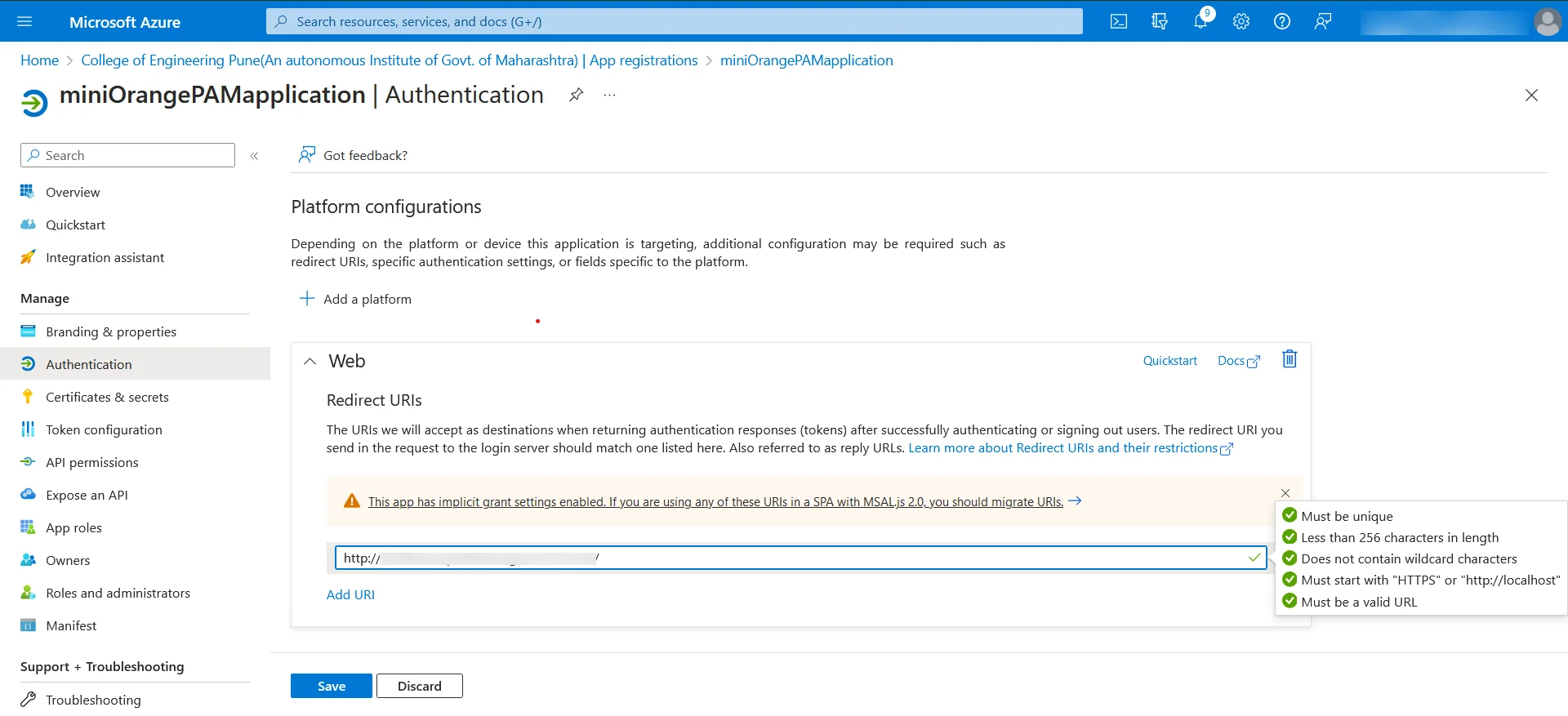 Privileged Access Management Admin Handbook: Navigate to Authentication and find the Web option then put the copied URL into Redirect URIs field