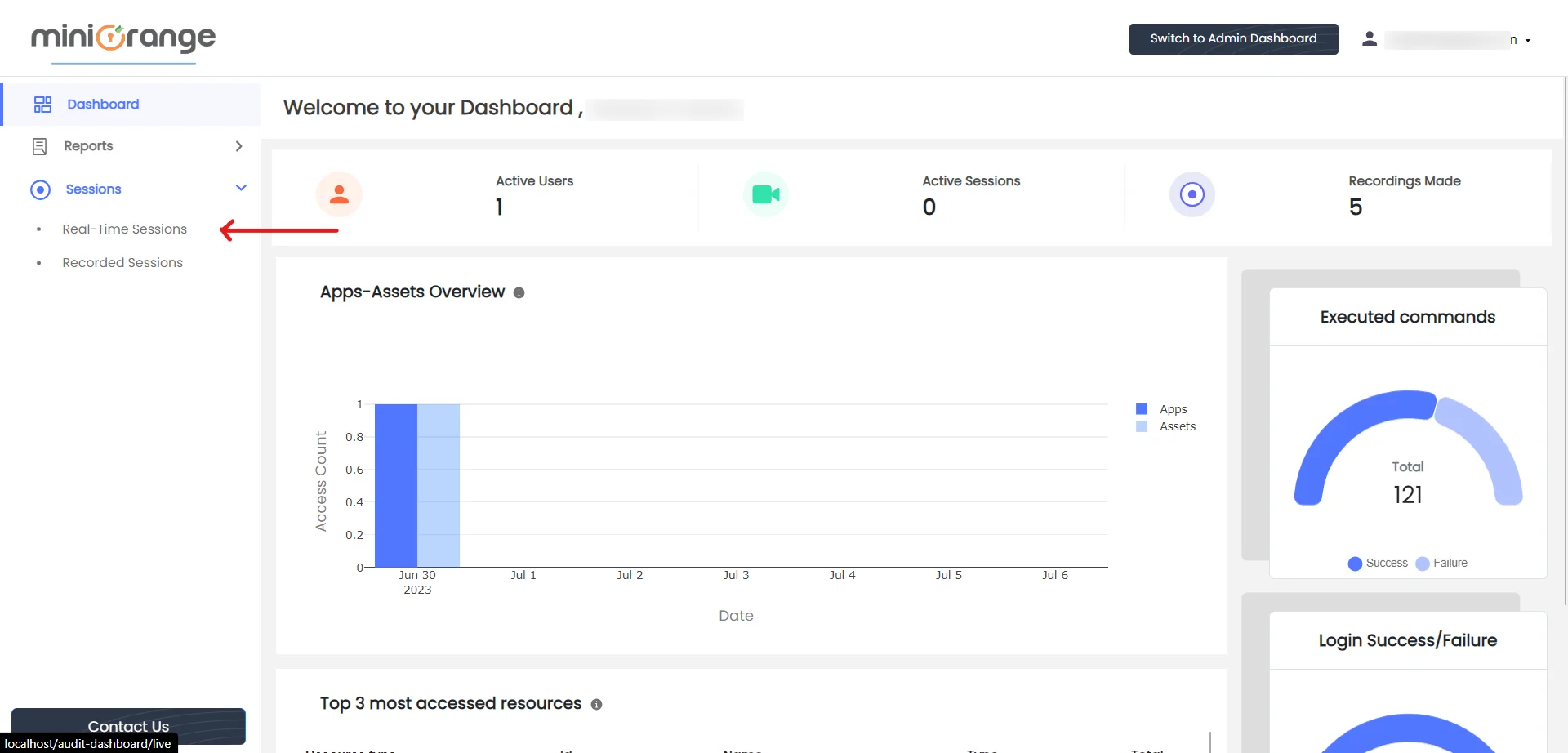 Privileged Access Management Admin Handbook: Click on Sessions then select Real-Time Sessions