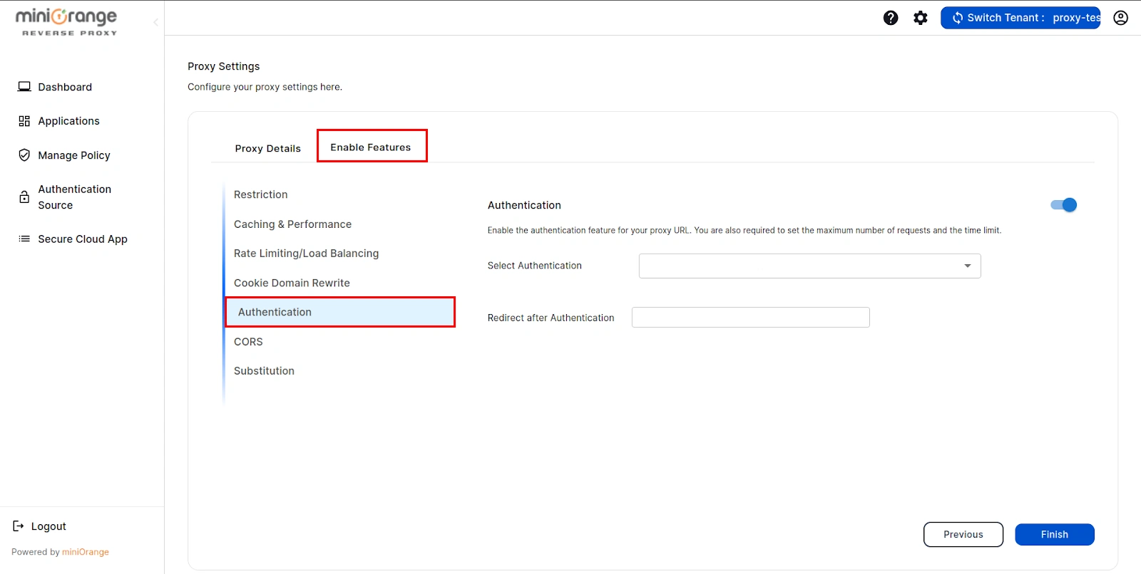 setup reverse proxy- click on authentication option