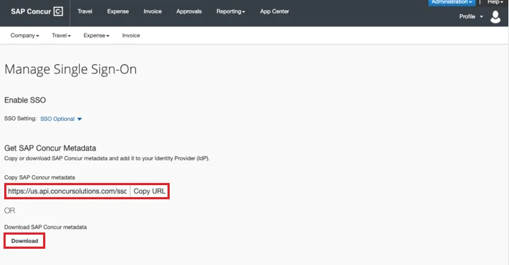 Configure SAP Concur SAML SSO (Single Sign-On): Get Metadata