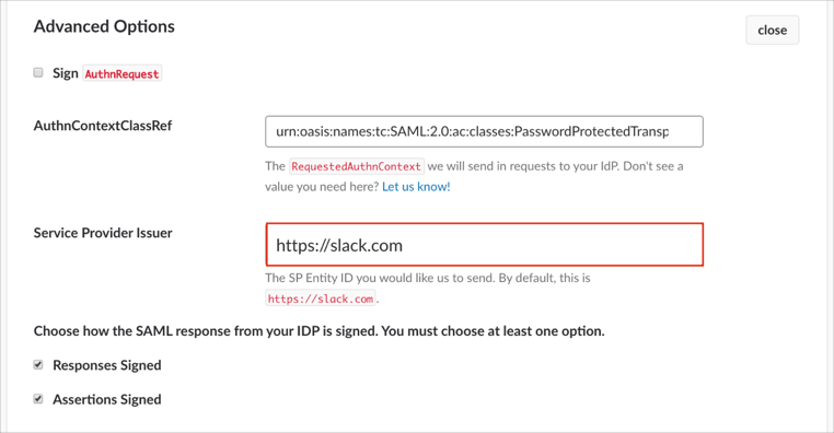 Slack SSO saml advance settings