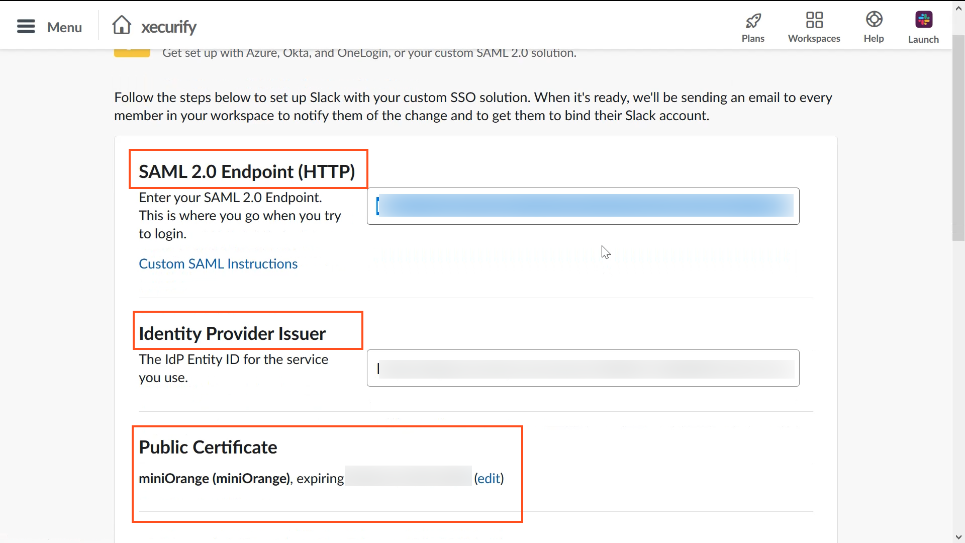 Slack SSO saml app settings