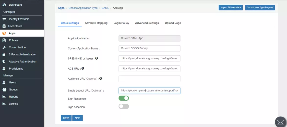 sogosurvey Single Sign-On (SSO) configuration steps