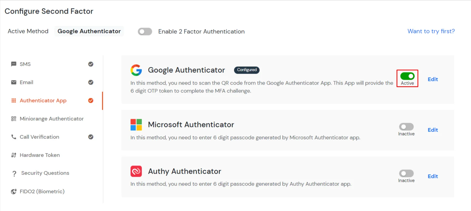 select Google Authenticator method