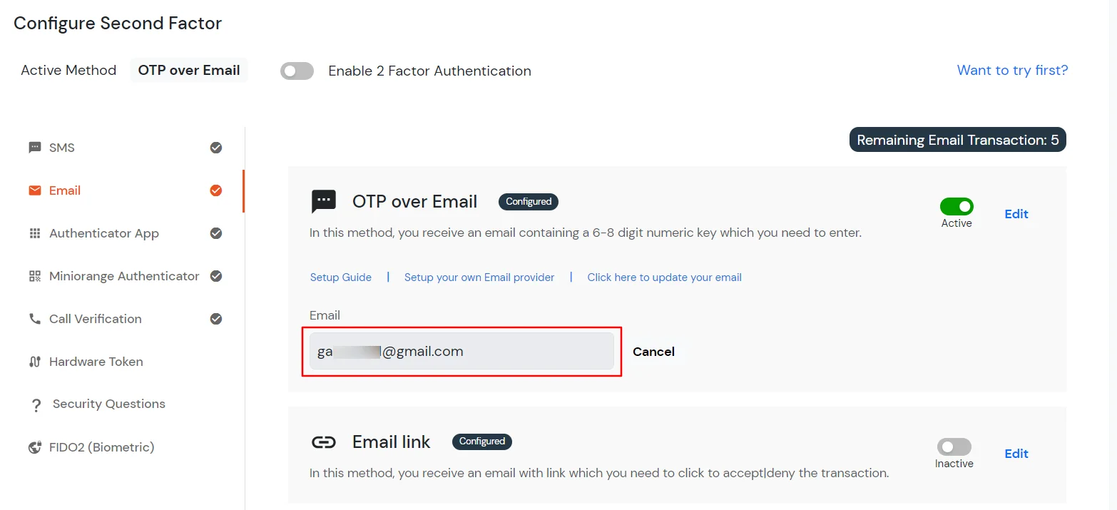 select OTP over Email method for super admin - Verifying your Emaul