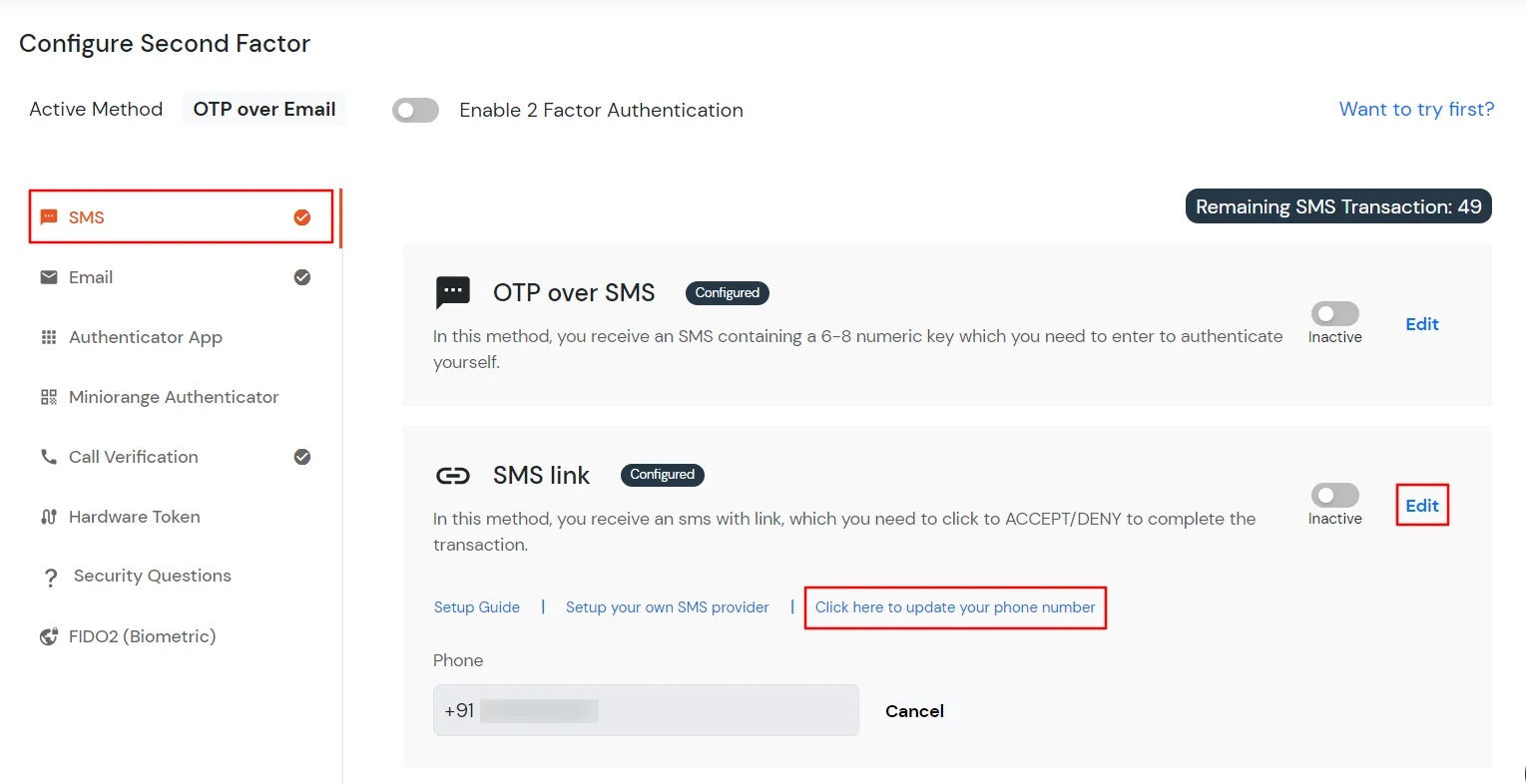 select OTP over SMS method for super admin - Click on Edit