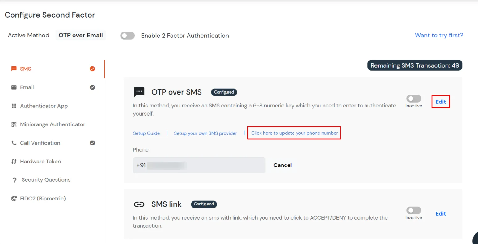 select OTP over SMS method for super admin - Click on Edit