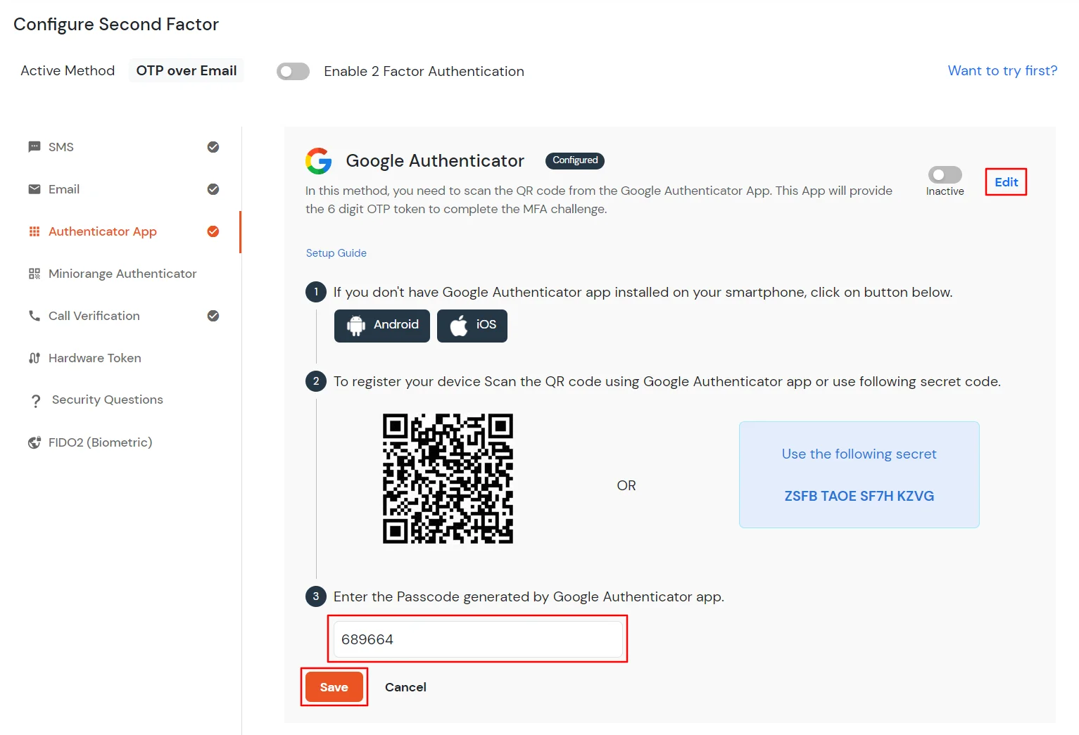 select Google Authenticator method