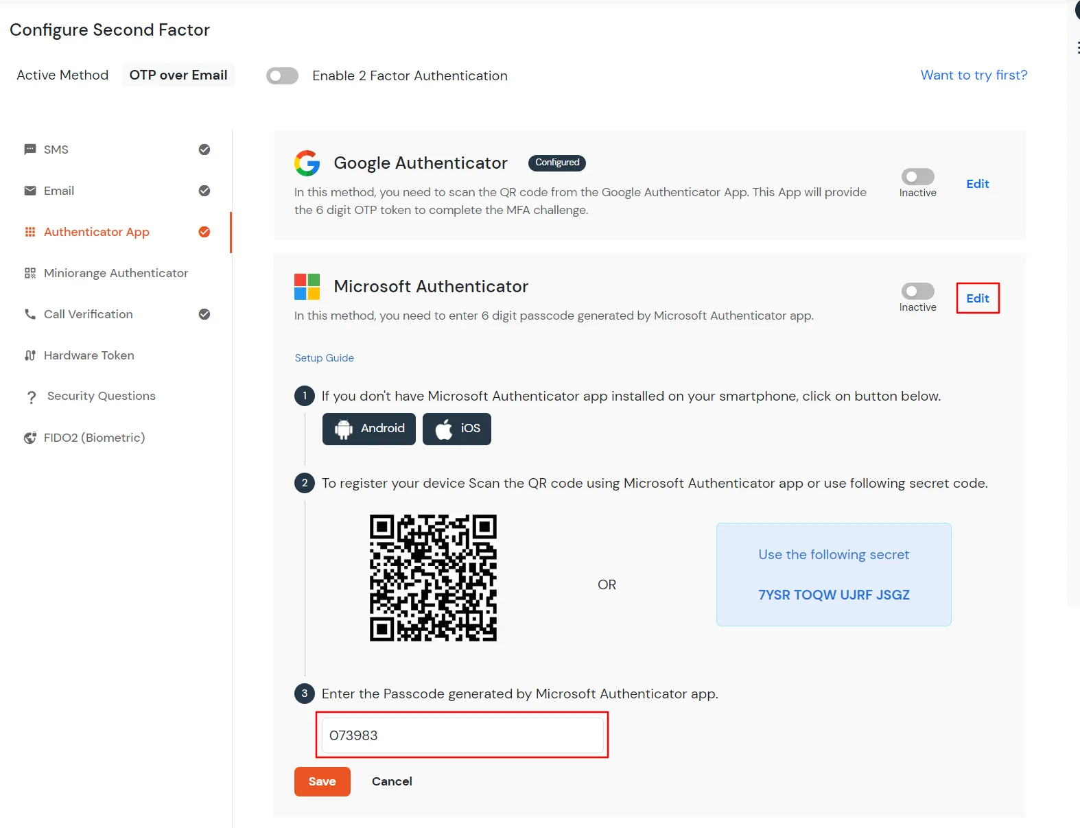 select Microsoft AUTHENTICATOR 2FA method