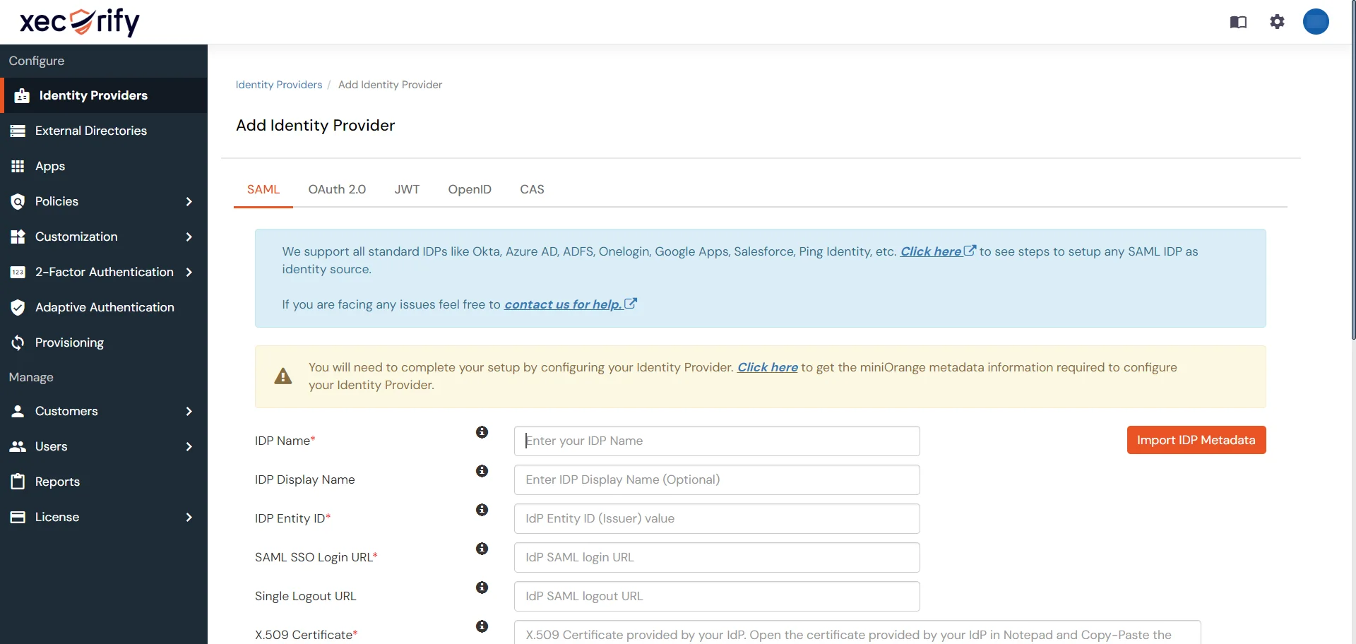 miniOrange Identity Platform Partner Portal Handbook: Import IDP metadata