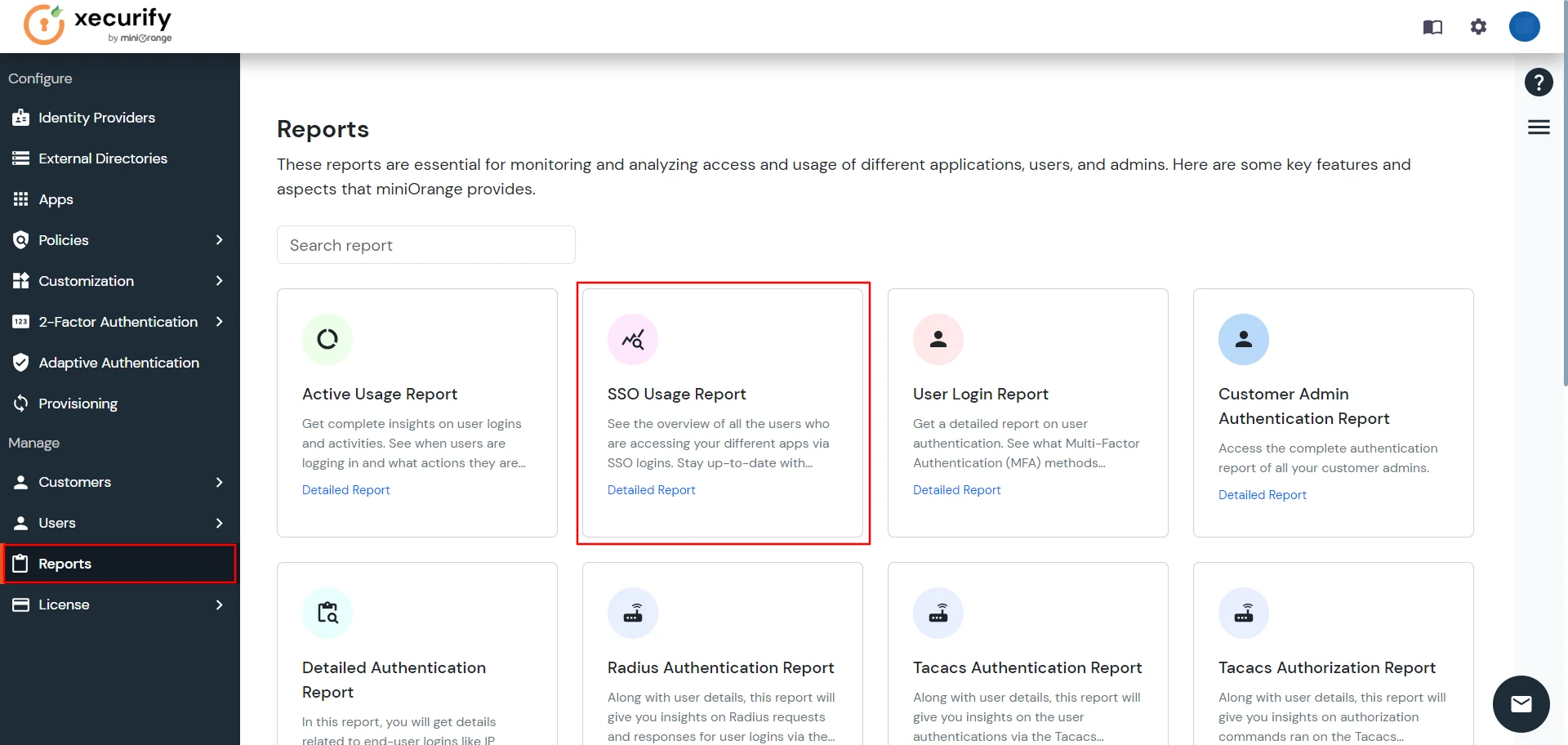 miniOrange Identity Platform Partner Portal Handbook: Click Reports, click SSO Usage Report