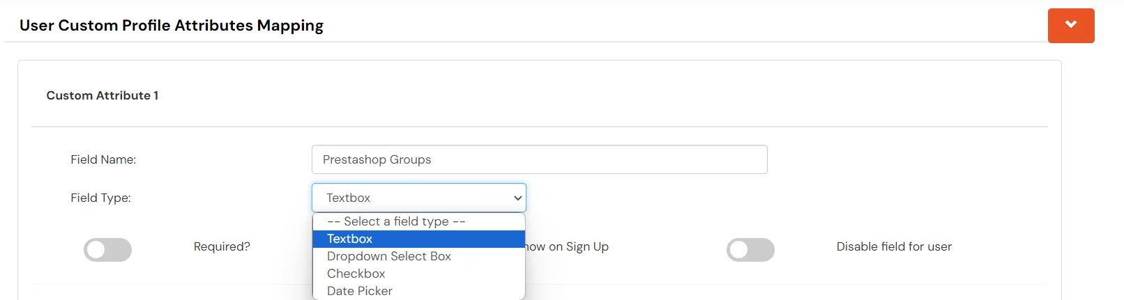 miniOrange Identity Platform Partner Portal Handbook: select field type to add custom attribute