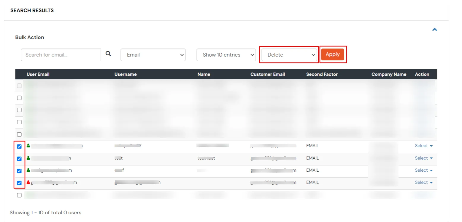 miniOrange Partner Portal Handbook: Check the selected users account choose delete option from dropdown