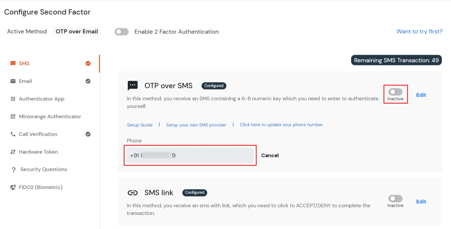 select OTP over SMS method for super admin - Switch the toggle