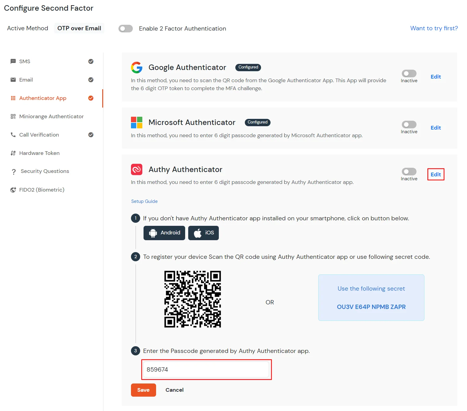 Select Authy AUTHENTICATOR 2FA method