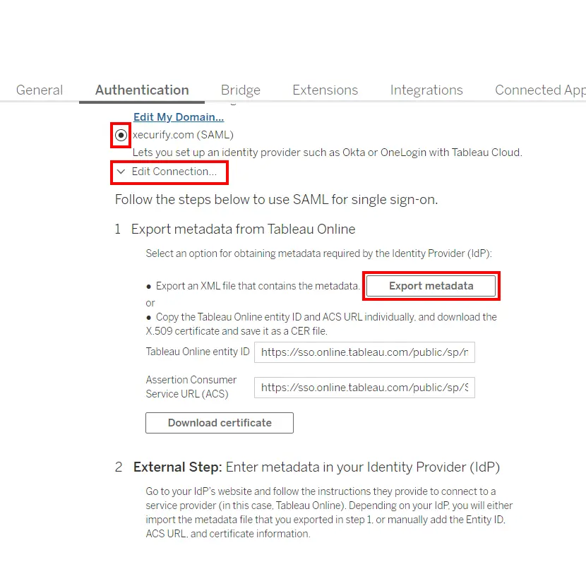 Tableau Online SSO (Single Sign-On): Tableau Online Metadata