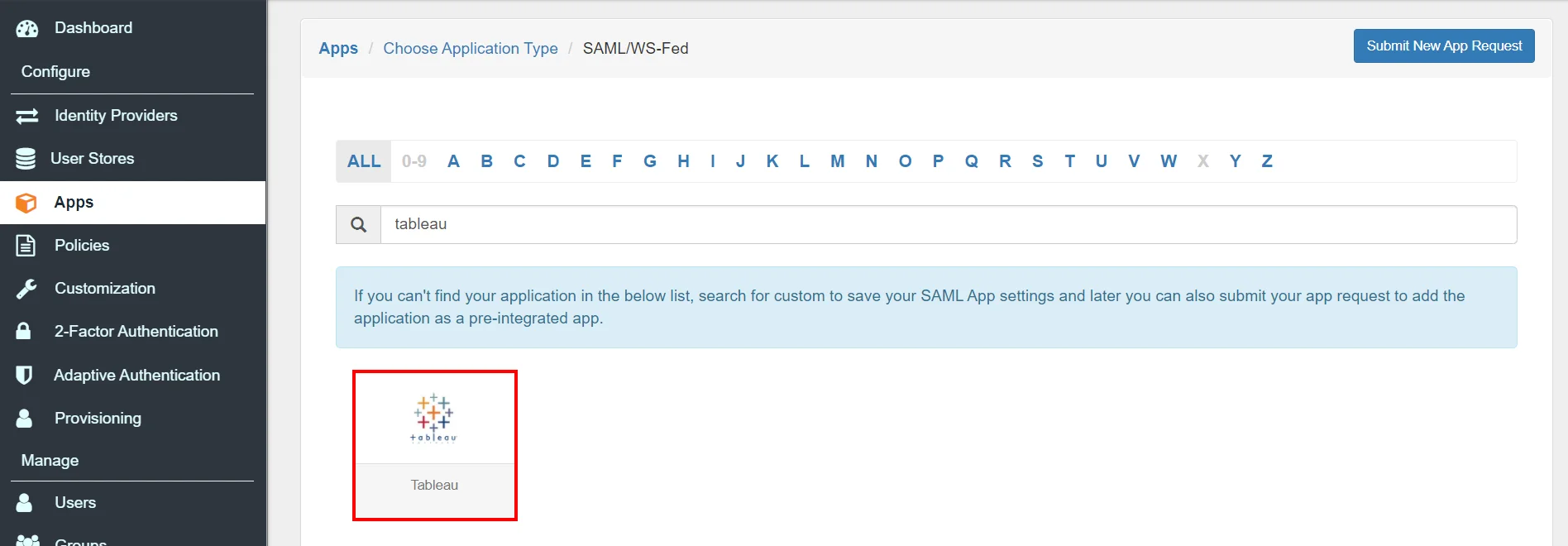 Tableau Single Sign-On (SSO) manage apps