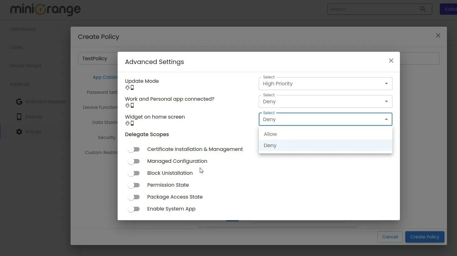 Select advanced settings configuration MDM