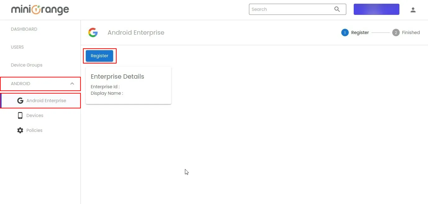 Android Enterprise Register dashboard