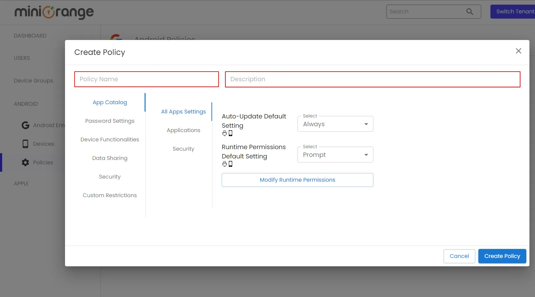 create devices policy app setting