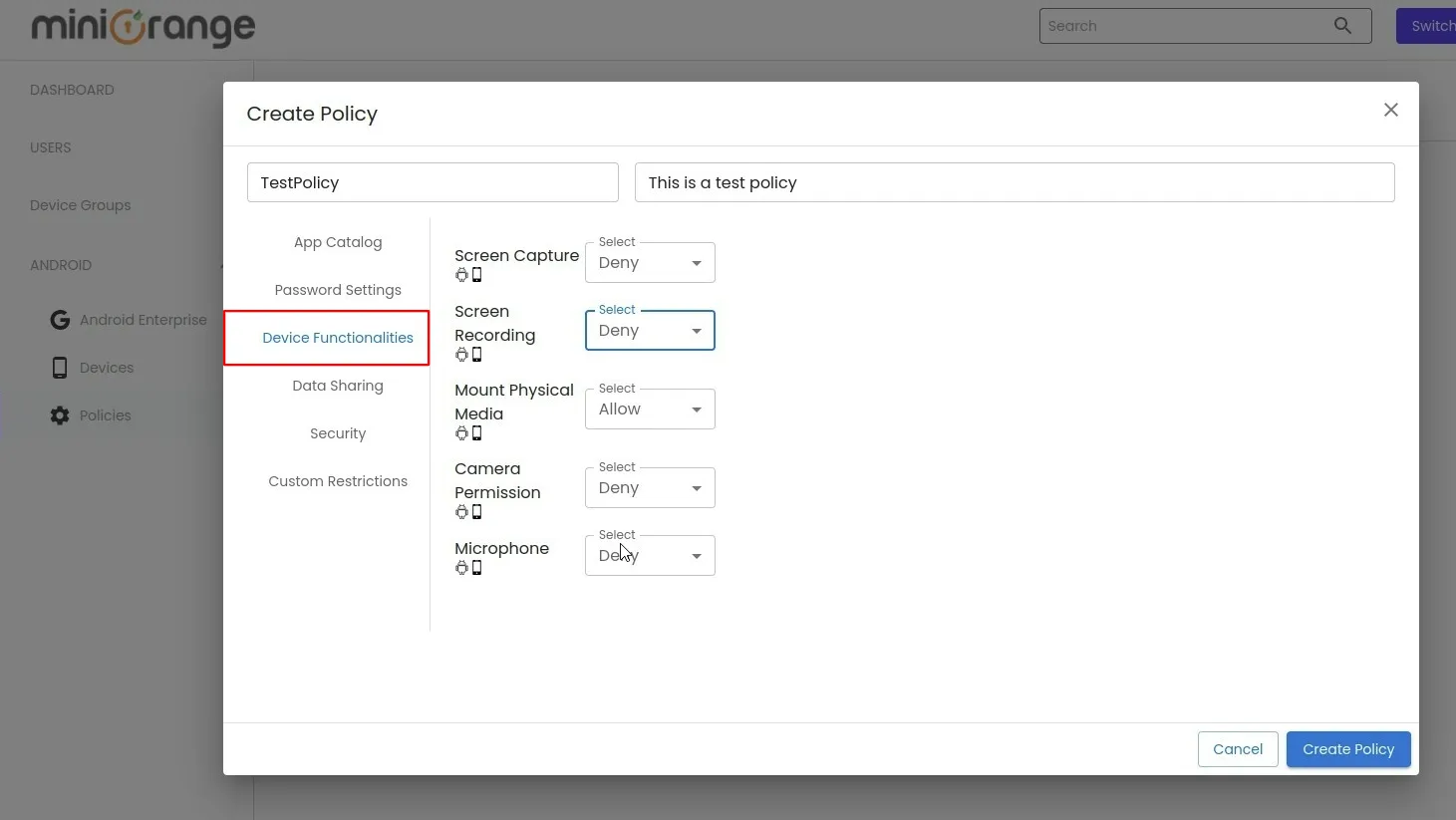 devices functionalities MDM policy