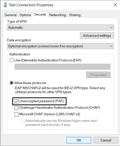 2FA Two-Factor Authentication for Windows VPN :  Select Unencrypted Password(PAP) protocol