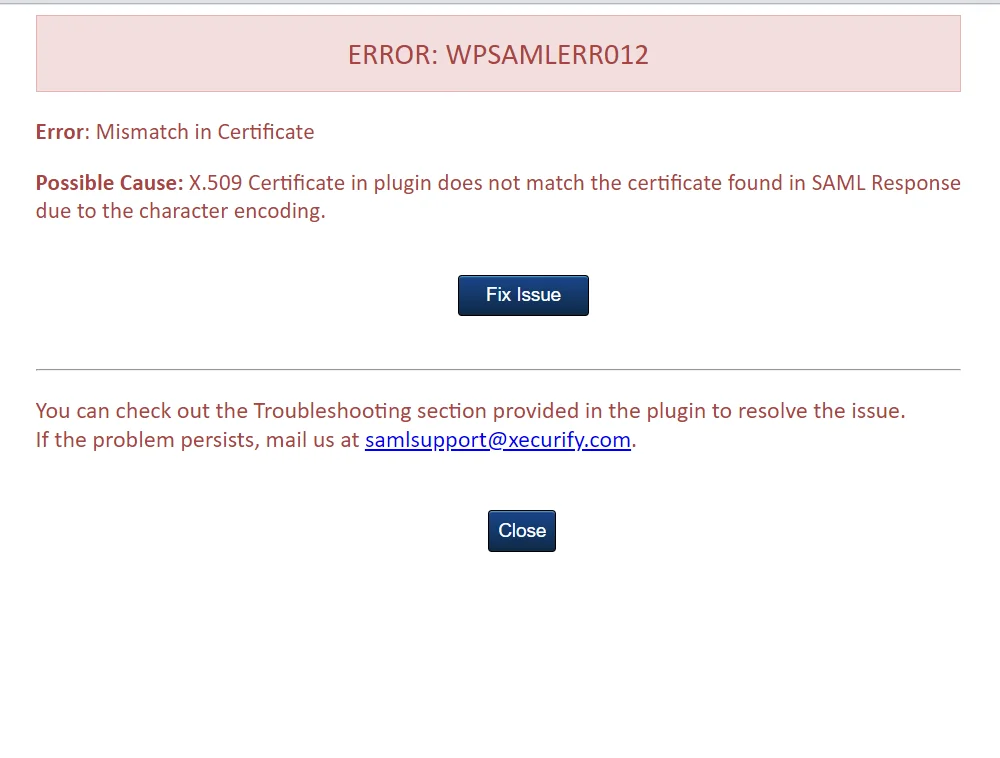 WordPress SAML Single Sign-On (SSO) Click on Fix issue