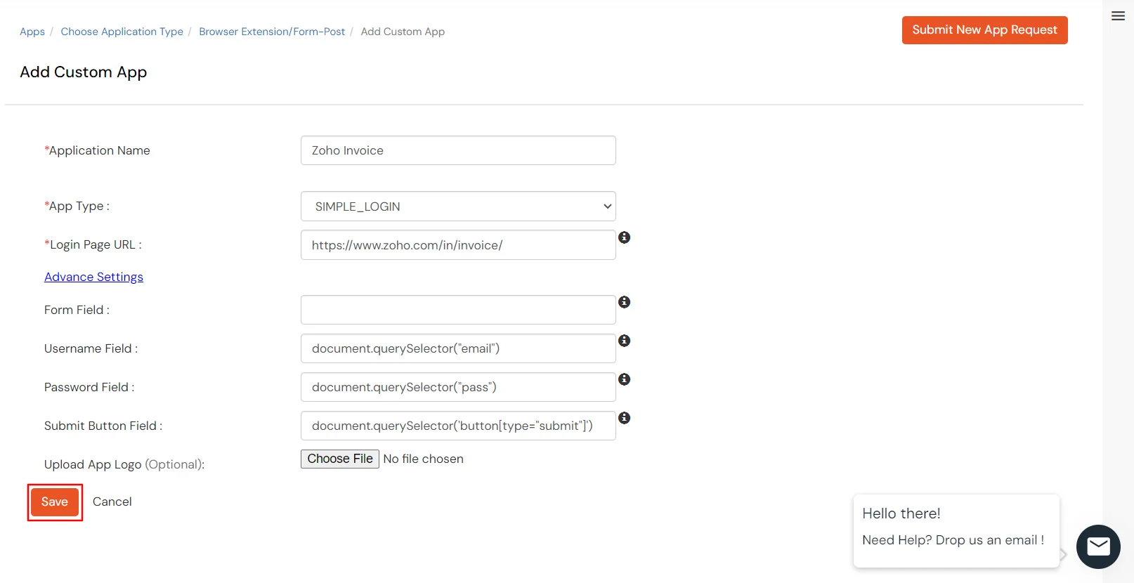 Zoho Invoice Single Sign-On SSO Enter the following app details