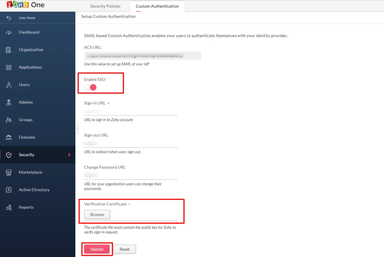 Zoho One Single Sign On (sso) certificate